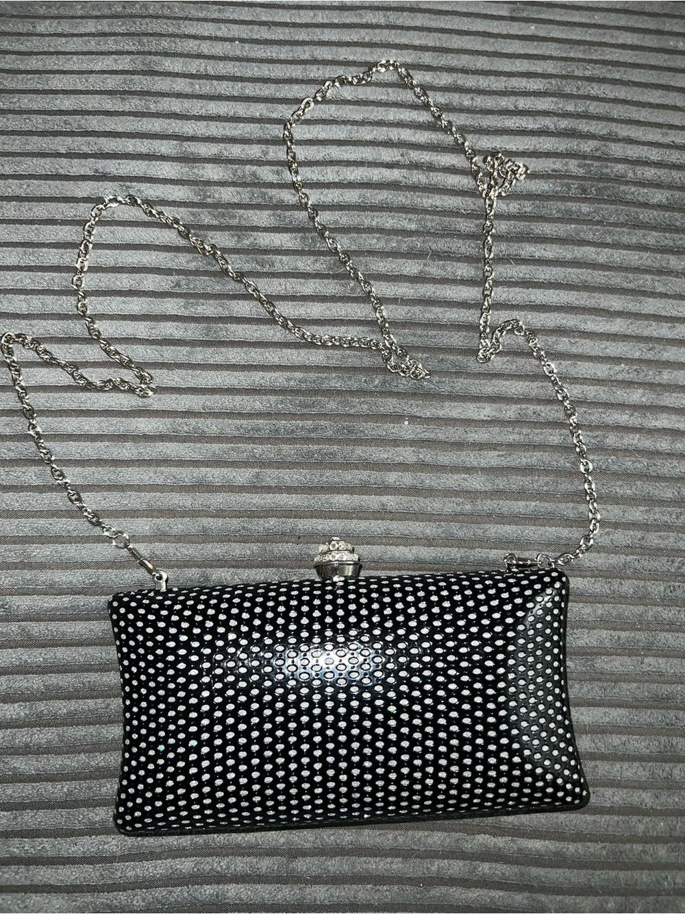 Black & White Polka Dot Rhinestone Clutch Evening Bag Silver Chain
